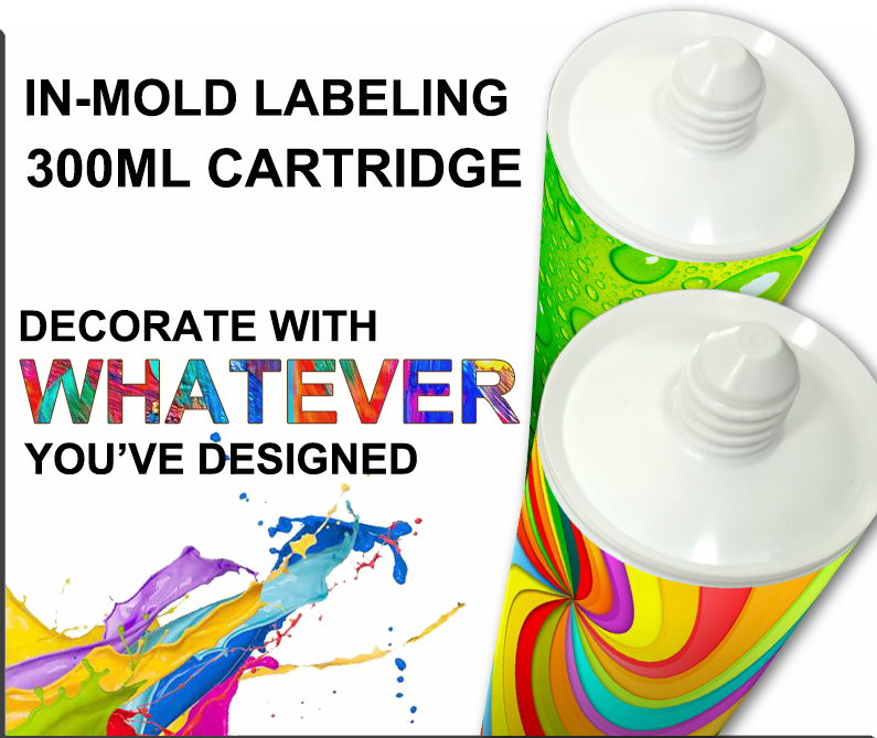 300ml leere Plastikkartusche D38 mit In-Mold-Labeling-Dekoration für neutrales Silikondichtmittel / Lückenfüller / Acryl